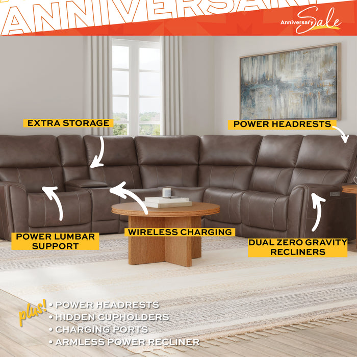 Brown sectional sofa with features highlighted in a living room setting