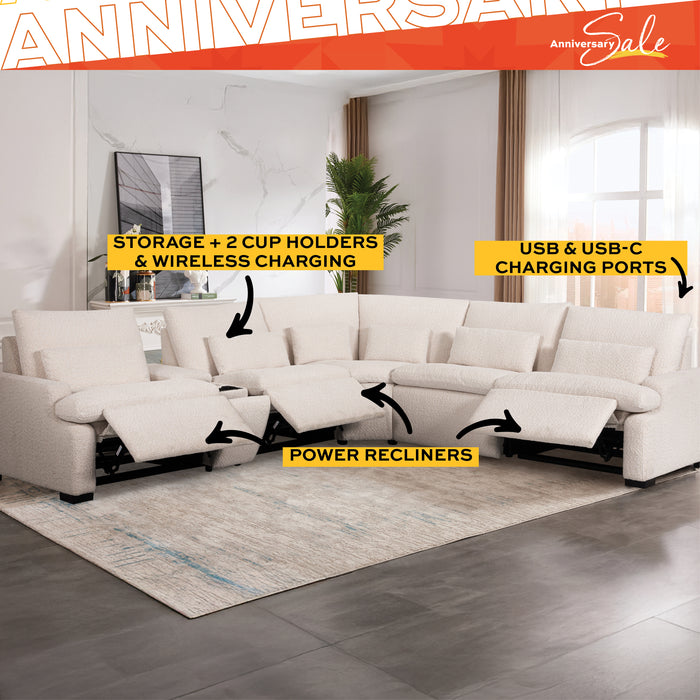 White sectional sofa in a living room with 'Anniversary Sale' text overlay.