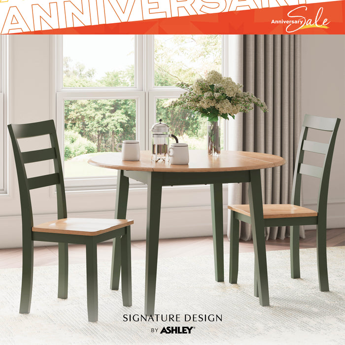 Dining table set with chairs in a room with large windows, featuring 'Signature Design by Ashley' branding.