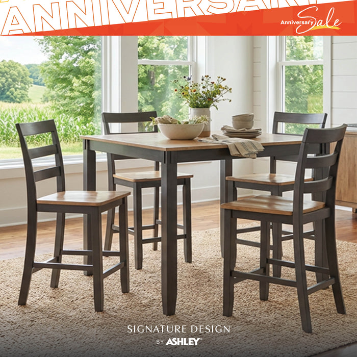 Dining room set with table and chairs in a bright room with large windows, featuring 'Signature Design by Ashley' branding.