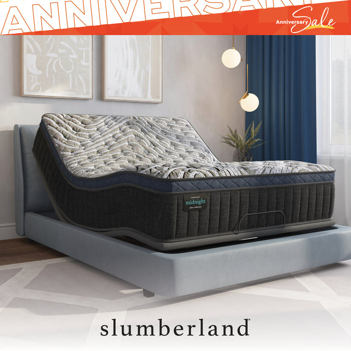 Slumberland mattress in a bedroom setting with 'Anniversary Sale' text.