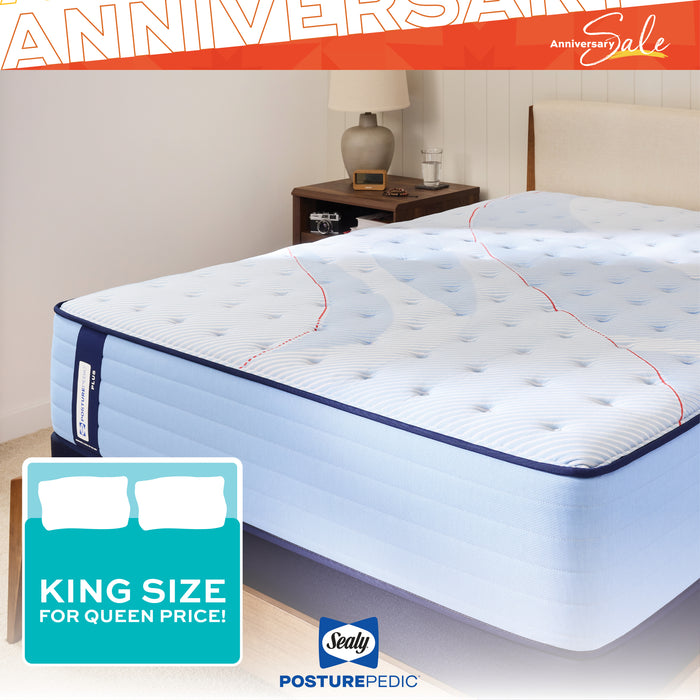 King size mattress on a bed with Sealy Posturepedic branding and 'Anniversary Sale' text.