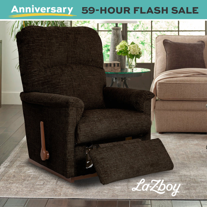 Brown recliner chair in a living room setting with 'LaZboy' branding and promotional text.