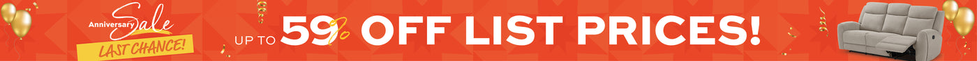 Promotional banner with text '59% off list prices' and a couch image.