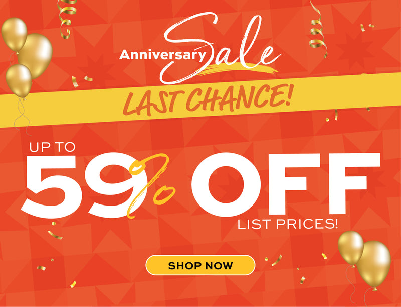 Promotional banner with 'Anniversary Sale' and 'Last Chance!' text on a red background with gold balloons.