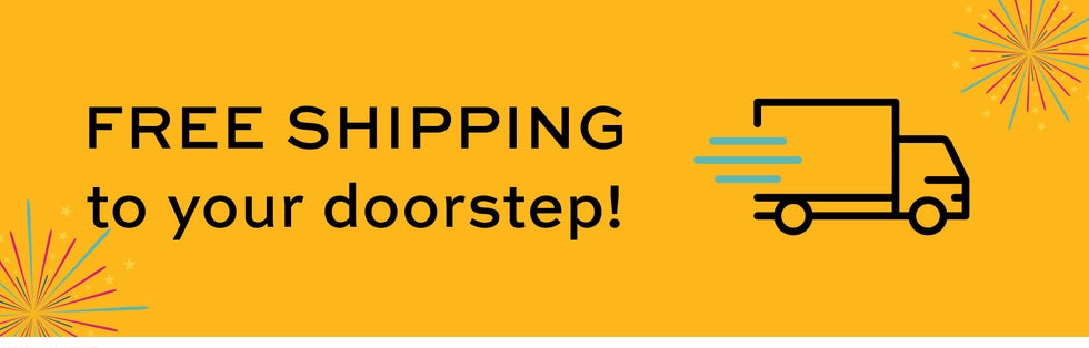 Promotional banner with free shipping text and a truck icon on a yellow background