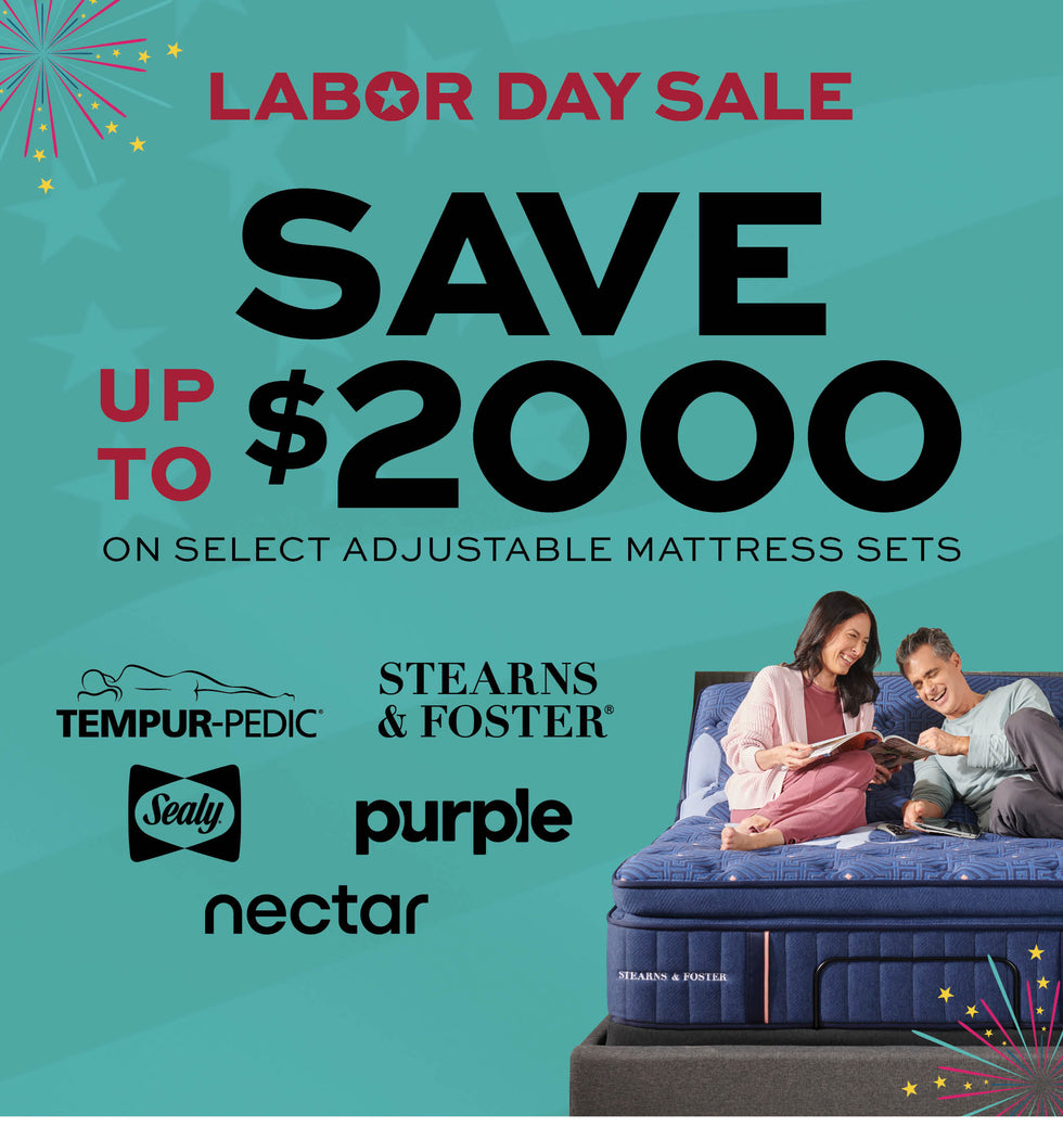 Advertisement for Labor Day sale on adjustable mattress sets with various brand logos.
