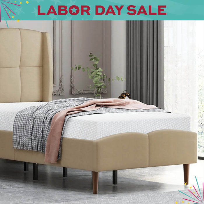Beige upholstered bed in a bedroom with 'Labor Day Sale' text overlay.