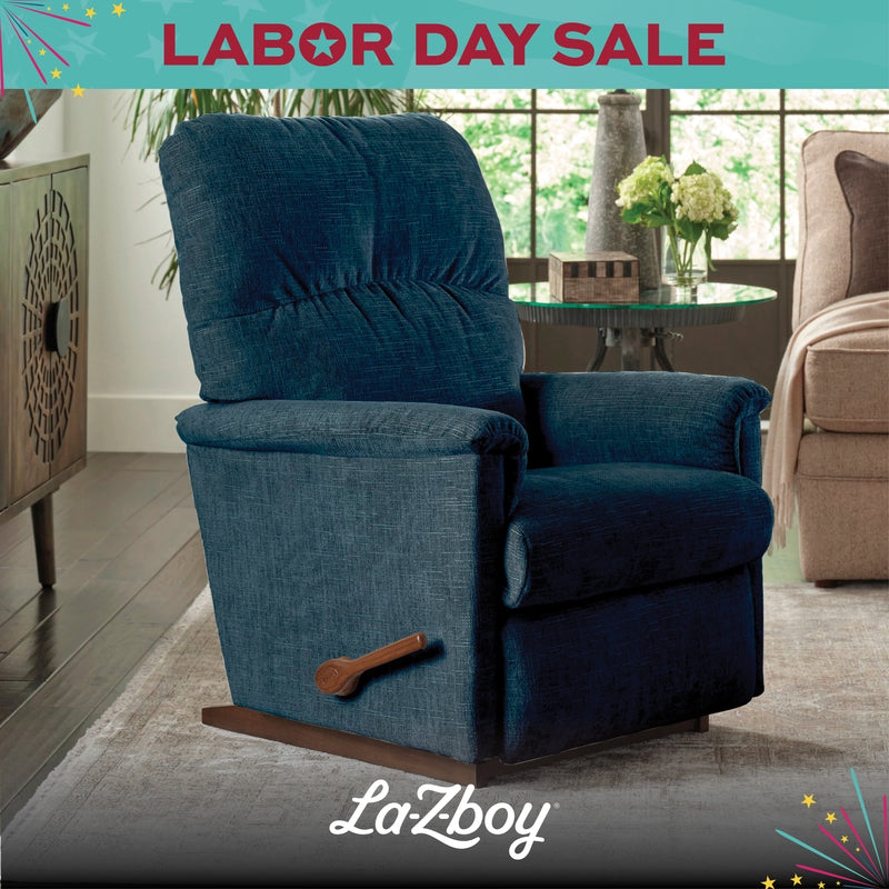 Blue recliner chair in a living room setting with 'La-Z-boy' branding and Labor Day sale text.