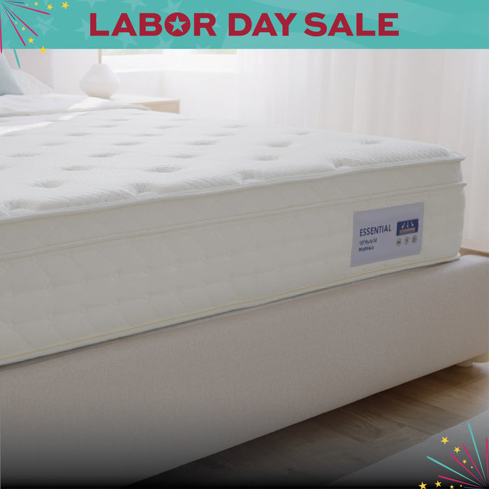 Mattress with a label on a wooden floor, Labor Day sale text at the top left corner.