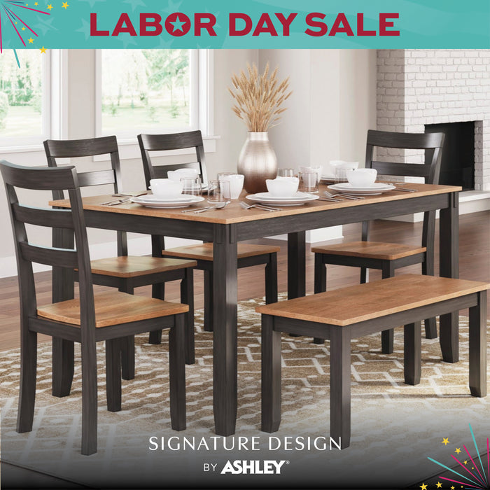 Dining room set with table and chairs in a home setting, featuring Ashley furniture branding.
