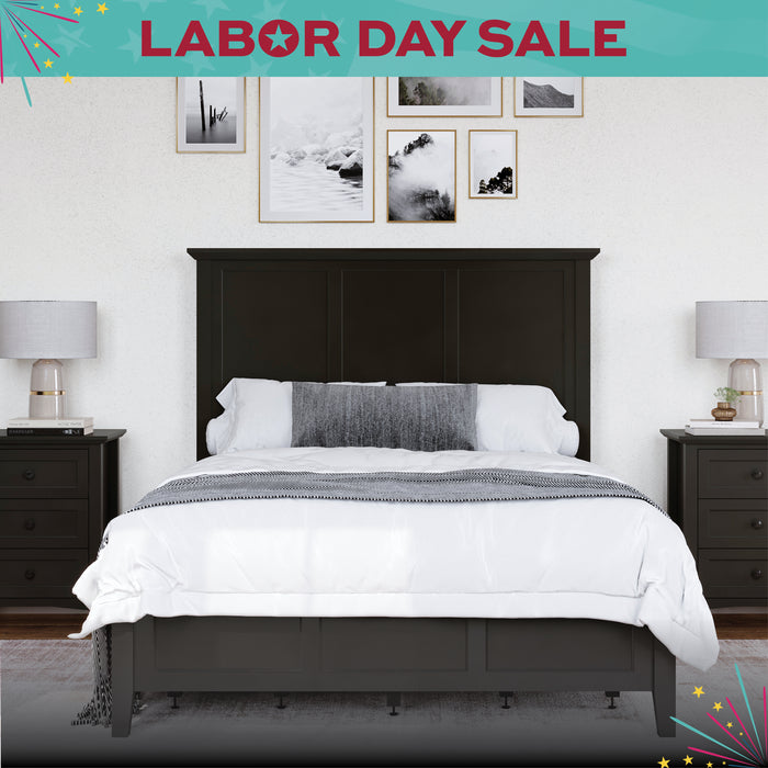 Bedroom with dark wooden bed and nightstands, Labor Day sale text at the top.