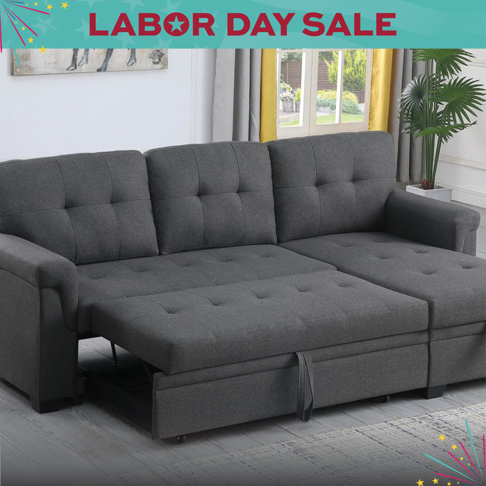 Gray sectional sofa in a living room with 'Labor Day Sale' text overlay.