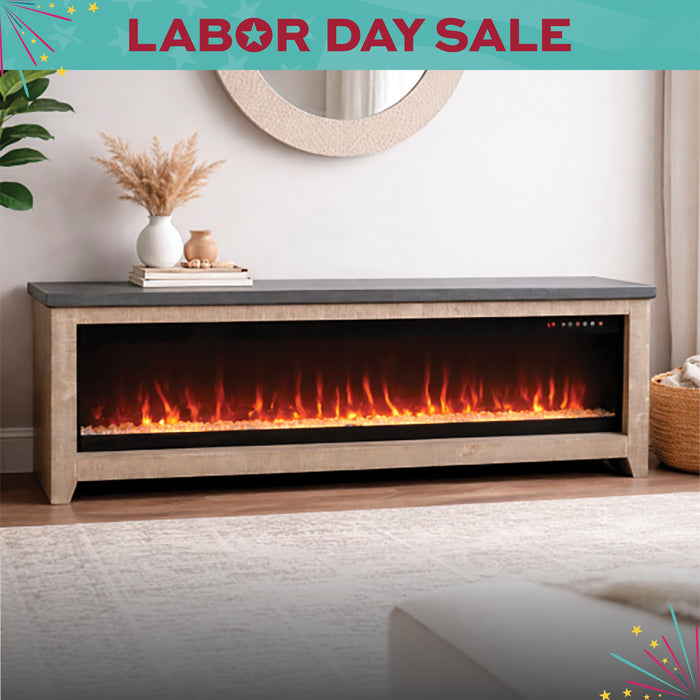 Electric fireplace with glowing flames in a living room setting, Labor Day sale banner at the top.