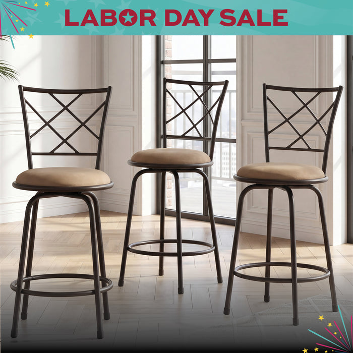 Three bar stools with metal frames and beige seats in a room with large windows.