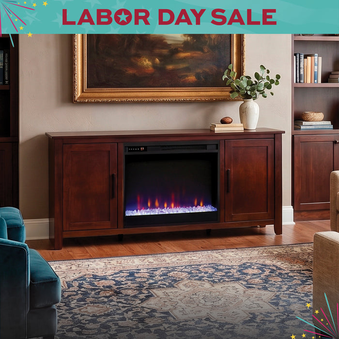 Living room with wooden entertainment center featuring a fireplace, Labor Day sale banner at the top.