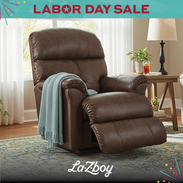 Brown recliner chair in a living room with 'La-Z-boy' branding and Labor Day sale text.