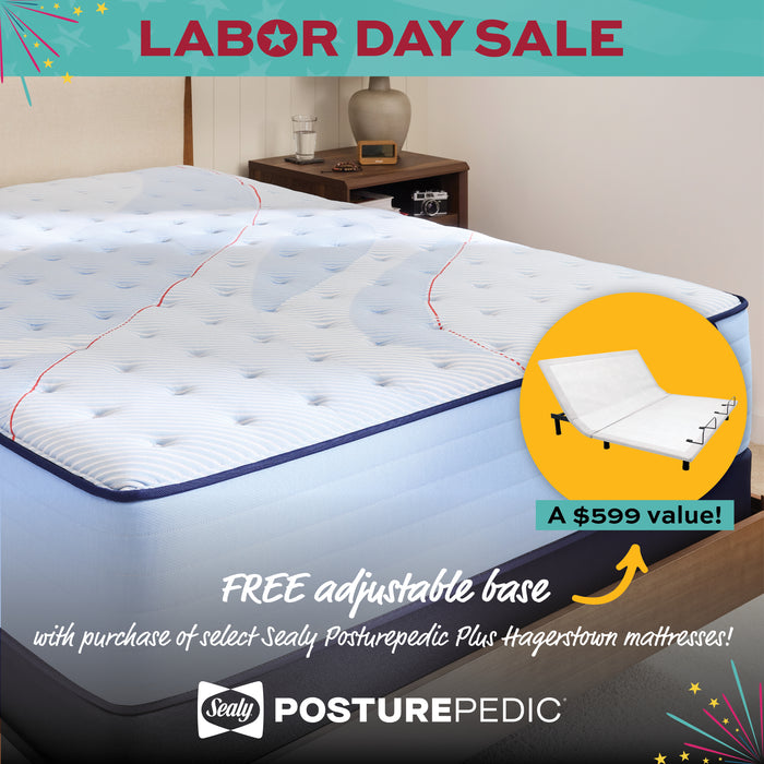 Sealy Posturepedic mattress with free adjustable base offer on a promotional banner.