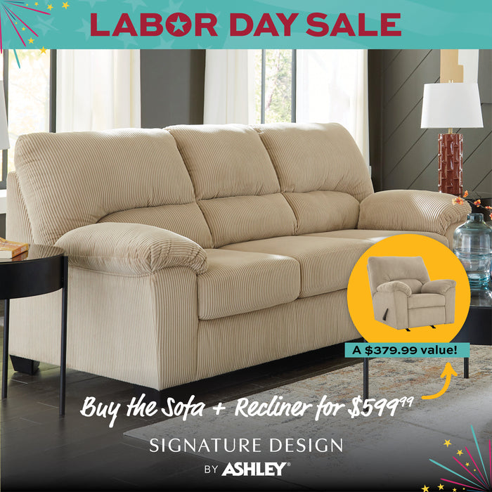 Beige sofa and recliner with Labor Day sale text and Signature Design by Ashley branding.