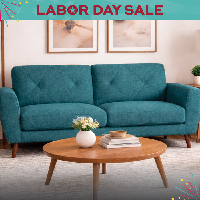 Yellow sofa in a living room with a 'Labor Day Sale' banner.