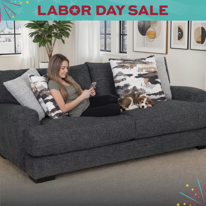Woman sitting on a gray couch with a dog, surrounded by decorative pillows, in a living room setting with 'Labor Day Sale' text overlay.