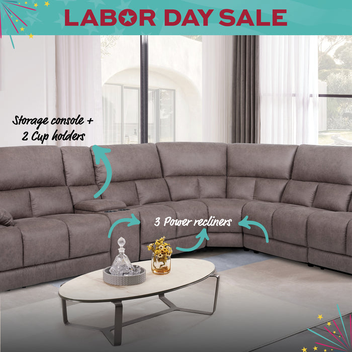 Gray sectional sofa in a living room with a 'Labor Day Sale' banner.