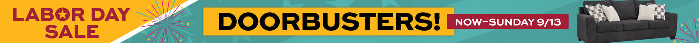 Promotional banner for doorbusters with a large yellow and blue background, text reading 'LABOR DAY SALE' and 'DOORBUSTERS! NOW-SUNDAY 9/13', plus a small sofa photo on the right.