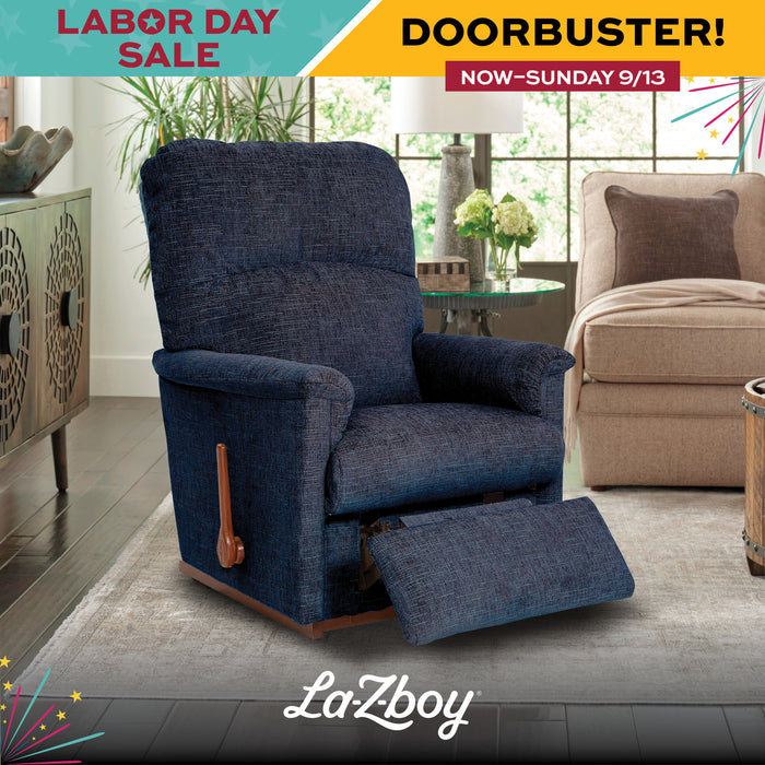 A LaZboy recliner chair in textured navy blue fabric, shown in a living room setting with the footrest extended. The image includes promotional sale banners at the top and bottom.