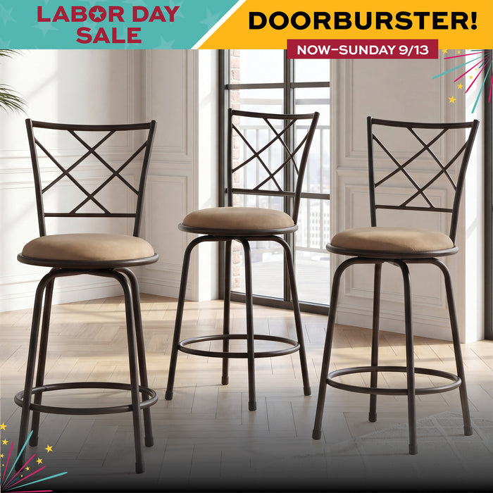 Three bar stools with dark metal frames and beige upholstered seats are shown in a bright room with wood floors and a window. Promotional text at the top reads 'Labor Day Sale' and 'Doorburster! Now-Sunday 9/13'.