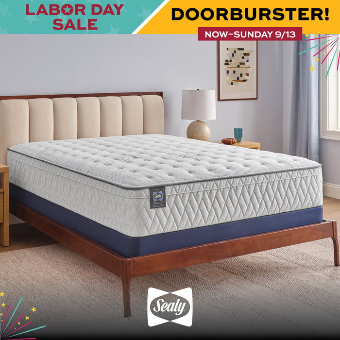 A Sealy mattress on a wooden bed frame in a styled bedroom setting, with promotional sale banners at the top and a Sealy logo at the bottom.