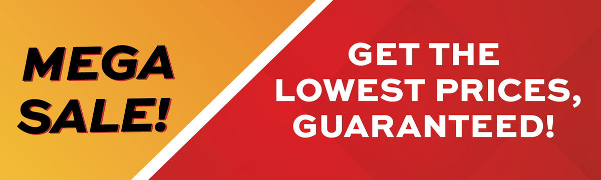 Promotional banner with a diagonal split background: yellow on the left and red on the right, with bold text reading 'MEGA SALE!' in black and 'GET THE LOWEST PRICES, GUARANTEED!' in white.
