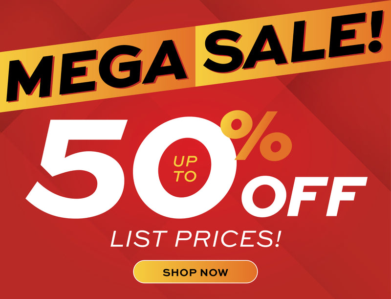 Promotional sale graphic with a red background, a yellow diagonal banner reading 'MEGA SALE!', large white text reading '50% OFF', smaller white text reading 'UP TO', and a yellow 'SHOP NOW' button.