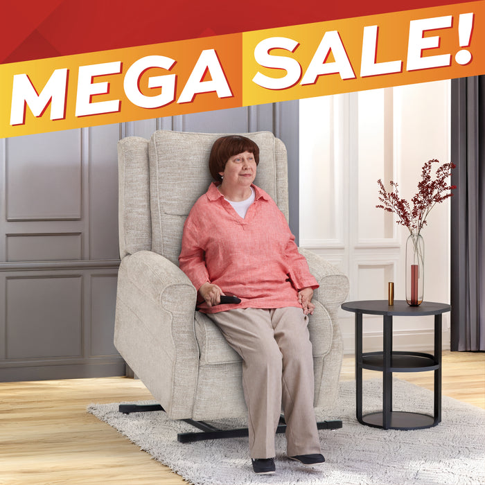 A woman sits in a light beige upholstered recliner chair in a staged living room setting, with a black side table and vase beside her. A large orange and red 'MEGA SALE!' banner overlays the top of the image.