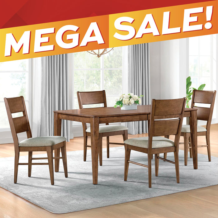 A 5-piece wooden dining table set with four matching chairs featuring light beige upholstered seats, shown on a gray area rug in a bright dining room. A bold orange and red 'MEGA SALE!' banner overlays the top of the image.