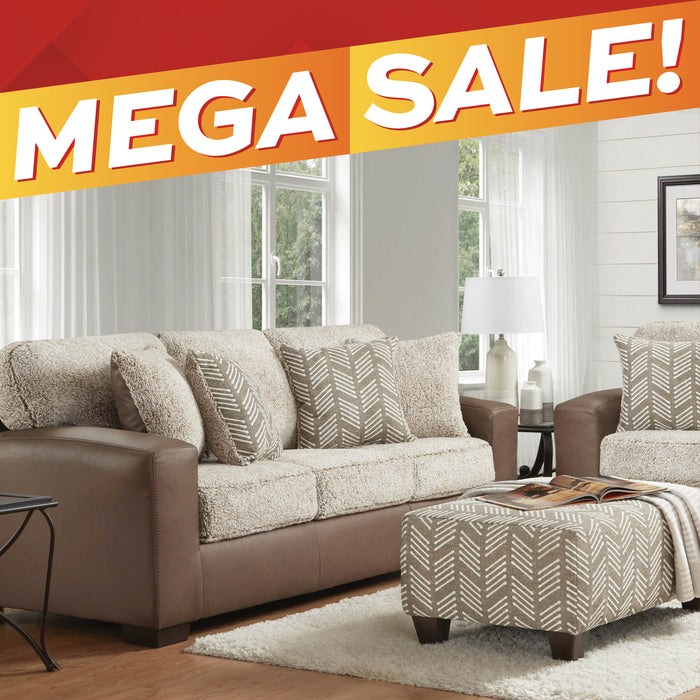 Brown leather loveseat sofa with beige textured throw pillows and a matching patterned ottoman in a bright living room, featuring a large orange and red 'MEGA SALE!' banner overlay at the top.