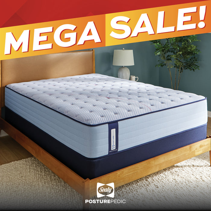 A mattress on a wooden bed frame in a styled bedroom setting, with a large orange and red 'MEGA SALE!' banner across the top and a Sealy PosturePedic logo at the bottom.
