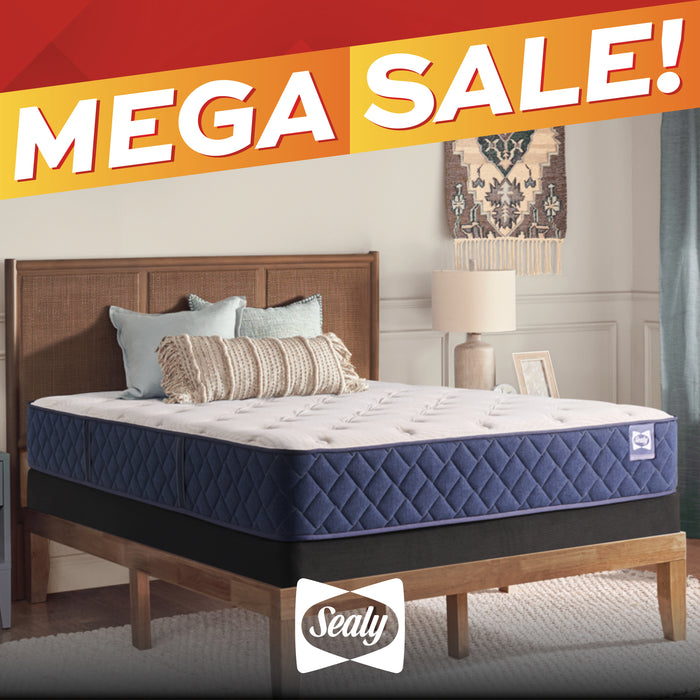 A Sealy mattress shown on a wooden bed frame in a styled bedroom setting, with a large orange and red 'MEGA SALE!' banner across the top and the Sealy logo at the bottom.