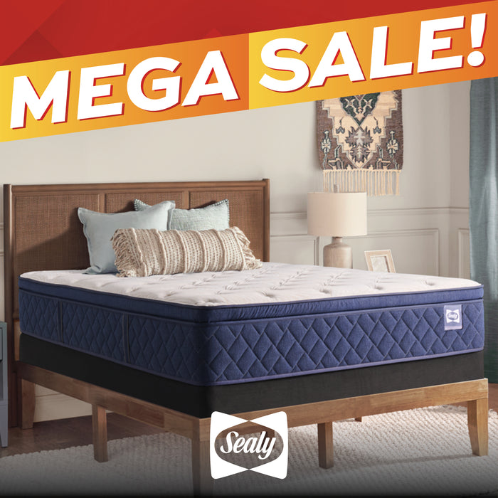 A Sealy mattress on a wooden bed frame in a styled bedroom setting, with a large orange and red 'MEGA SALE!' banner across the top and the Sealy logo at the bottom.