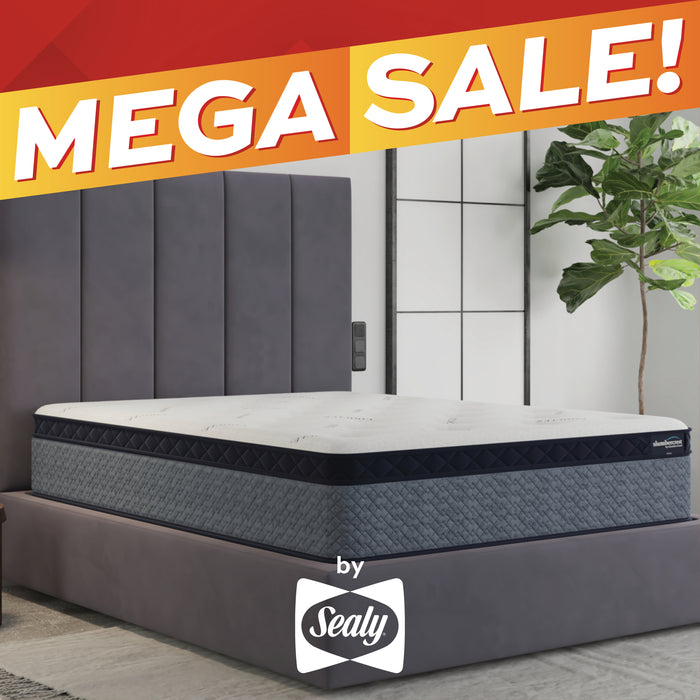 A Sealy mattress on a gray upholstered bed frame in a modern bedroom setting, with a large orange and red 'MEGA SALE!' banner across the top.