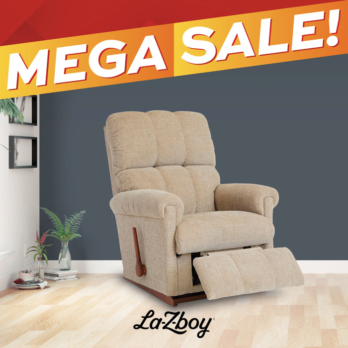 A LaZboy upholstered recliner chair in a light beige fabric, shown with the footrest extended in a staged room setting. A large orange and yellow 'MEGA SALE!' banner overlays the top of the image, and the LaZboy brand name appears at the bottom.