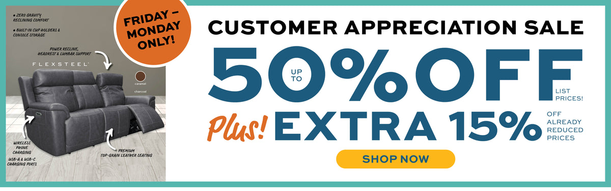 Promotional sale banner for a recliner sofa, featuring a dark gray upholstered recliner on the left, large text reading 'CUSTOMER APPRECIATION SALE 50% OFF PLUS EXTRA 15%', and a yellow 'SHOP NOW' button on a white background with teal side borders.