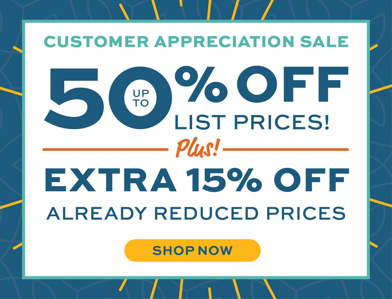 Promotional sale graphic with text reading 'Customer Appreciation Sale,' '50% off list prices,' 'Extra 15% off already reduced prices,' and a yellow 'Shop Now' button on a white card over a blue patterned background.