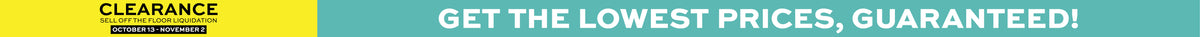 A promotional banner with a yellow and black left section reading 'CLEARANCE' and a long light blue right section reading 'GET THE LOWEST PRICES, GUARANTEED!'.