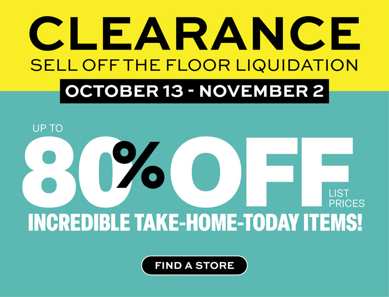 Promotional sale graphic with a yellow top band and teal lower background. Large black text reads 'CLEARANCE' and 'SELL OFF THE FLOOR LIQUIDATION,' with a date block 'OCTOBER 13 - NOVEMBER 2.
