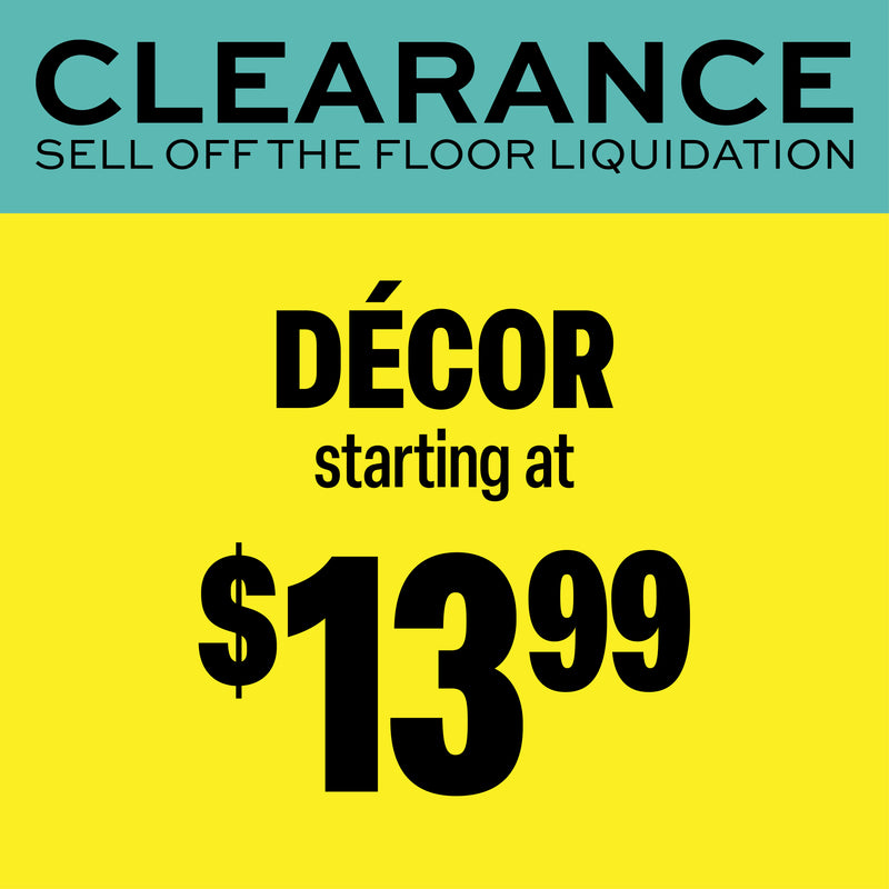 A promotional sale graphic with a bright yellow background and a teal banner at the top reading “CLEARANCE” and “SELL OFF THE FLOOR LIQUIDATION.” Large black text in the center says “DÉCOR starting at $13.