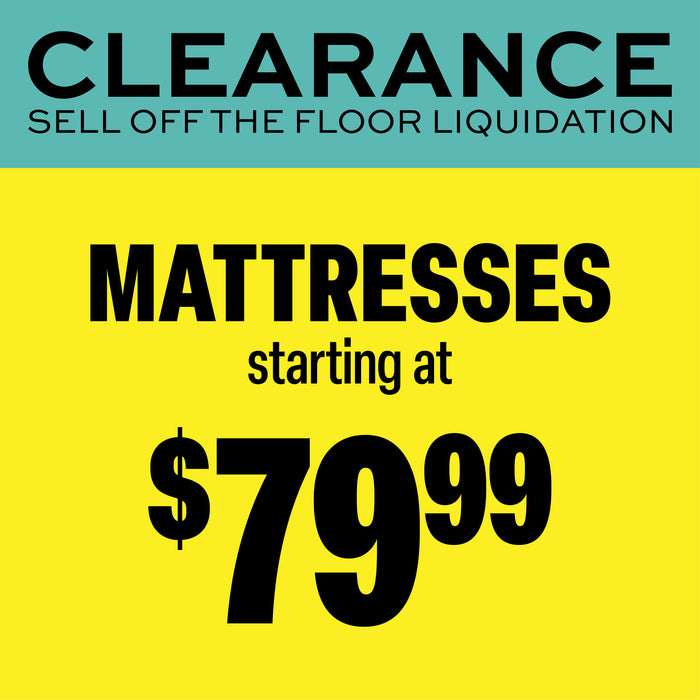 Promotional sale graphic with a teal header reading 'CLEARANCE' and 'SELL OFF THE FLOOR LIQUIDATION,' plus a bright yellow body that says 'MATTRESSES starting at $79.99' in large black text.