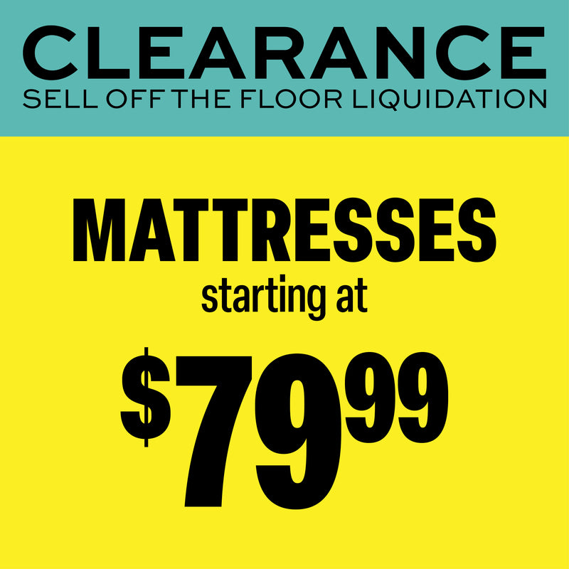 Promotional sale graphic with a teal header reading 'CLEARANCE' and 'SELL OFF THE FLOOR LIQUIDATION,' plus a bright yellow body that says 'MATTRESSES starting at $79.99' in large black text.