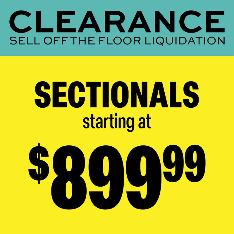 Promotional sale graphic with a teal header reading 'CLEARANCE' and 'SELL OFF THE FLOOR LIQUIDATION' above a bright yellow background. Large black text says 'SECTIONALS starting at $899.