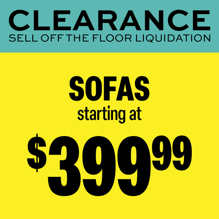 Promotional sale graphic with a yellow background, a teal header, and large black text reading 'CLEARANCE', 'SELL OFF THE FLOOR LIQUIDATION', 'SOFAS starting at', and '$399.99'.
