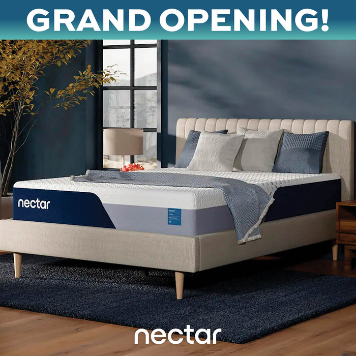 Nectar mattress on a bed with 'Grand Opening!' text at the top